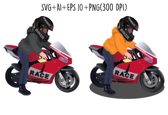 Biker Boy Red Motorcycle Illustration for Graphics and Crafts